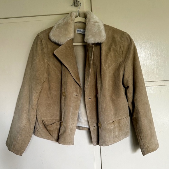 Marsh Landing Tan Suede Leather Jacket Faux Fur Collar Size Medium - Picture 2 of 10